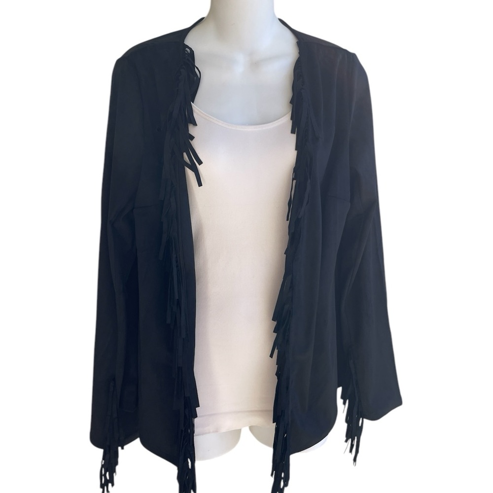 Colleen Lopez Black Open Fringed Faux Leather Jacket Cowgirl Ladies Small New